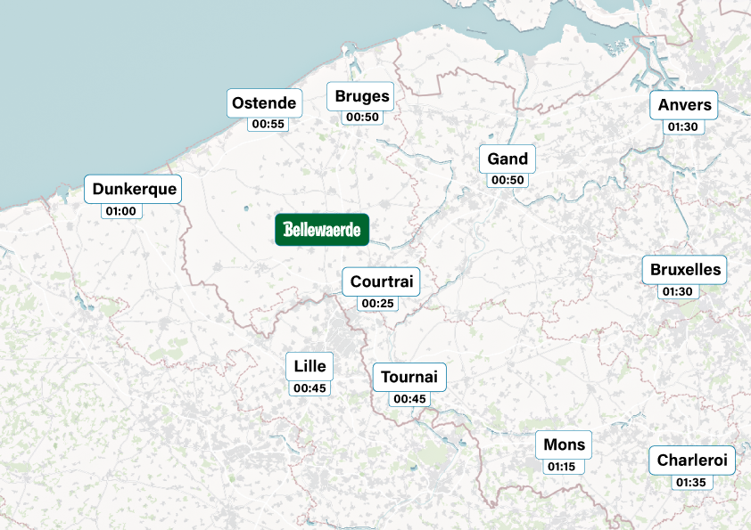 Carte montrant la localisation de Bellewaerde par rapport à Courtrai, Bruges, Ostende, Gand, Bruxelles, Anvers, Dunkerque, Lille, Tournai, Mons et Charleroi.