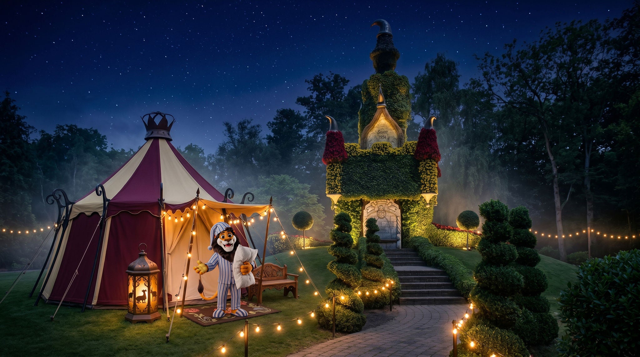 Koning Leeuw houdt een kussen vast en draagt een pyjama en een slaapmuts. Hij staat midden in de nacht voor de met lampen verlichte glamingtent en het bloemenkasteel.