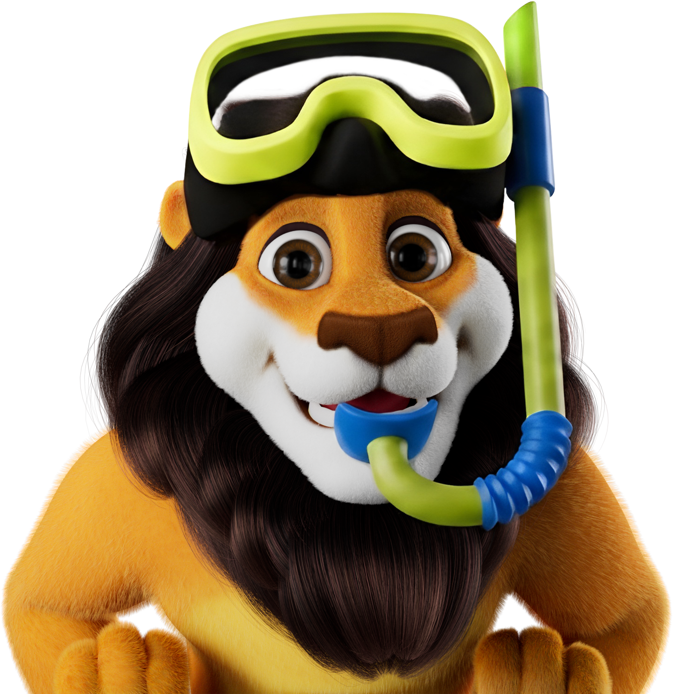 Koning Leeuw gluurt over de rand en draagt een zwembril en snorkel.