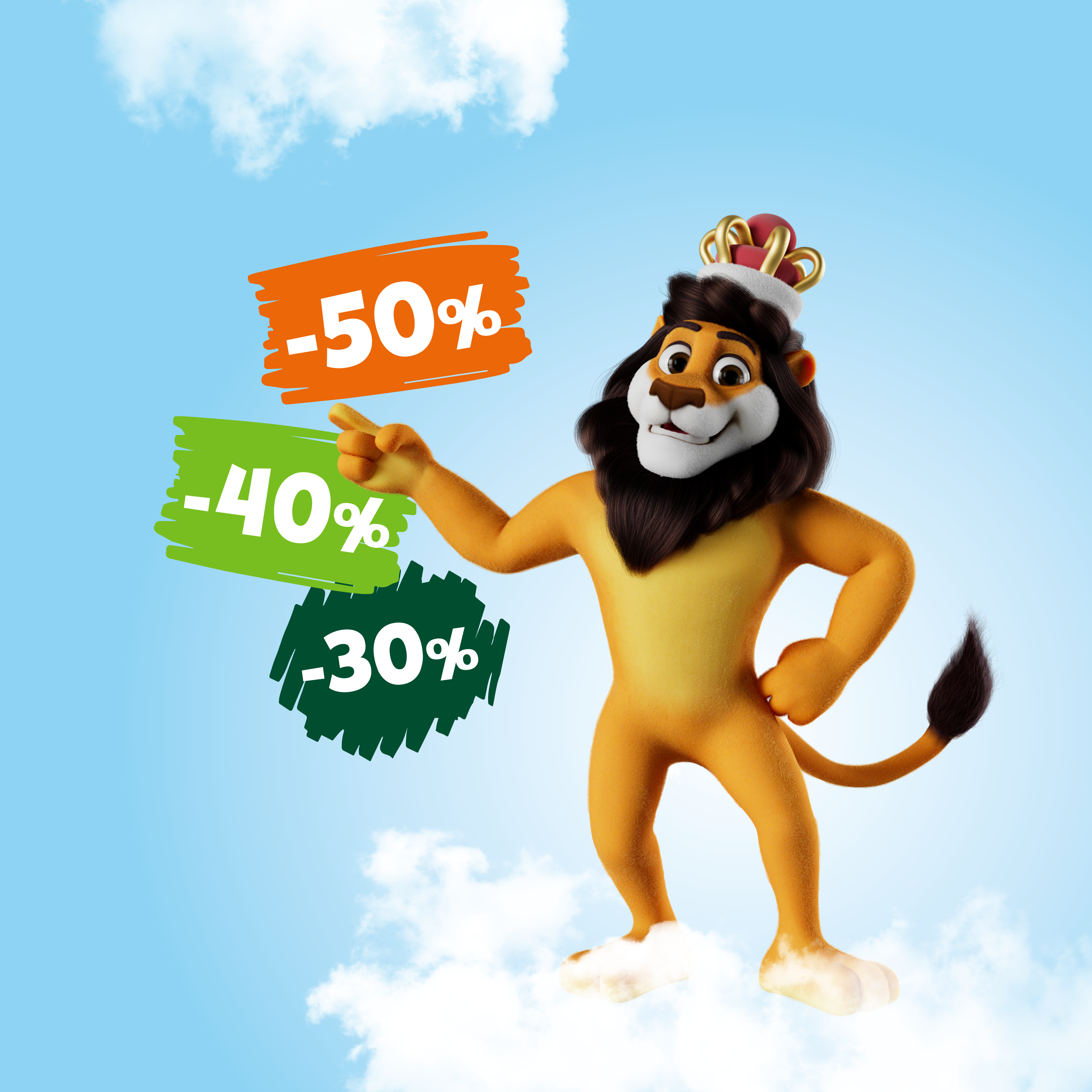 Koning Leeuw wijst met zijn poot in zijn lende in de wolken. Op de voorgrond badges met min 50 procent, min 40 procent en min 30 procent op.