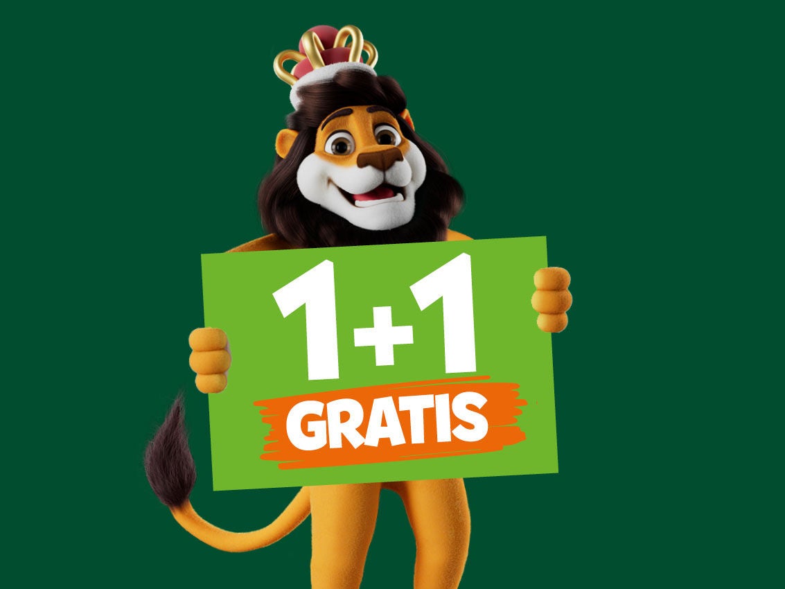 Koning Leeuw houdt een bord vast met 1+1 gratis op.
