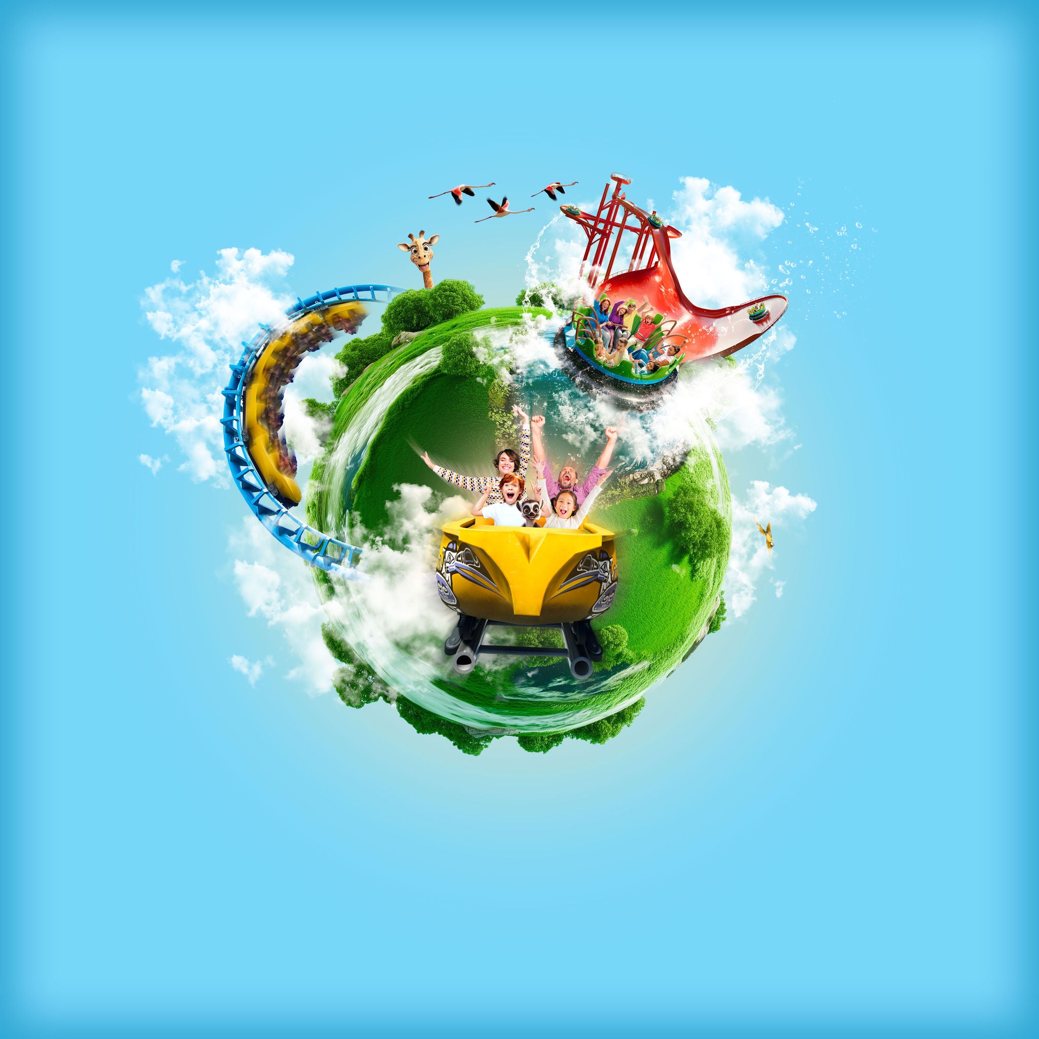 Wereldbol met een gezin die samen met een ringstaartmaki in een gele Wakala-trein zit, Amazonia, Boomerang, een giraf, een papegaai en flamingo’s tussen de wolken.
