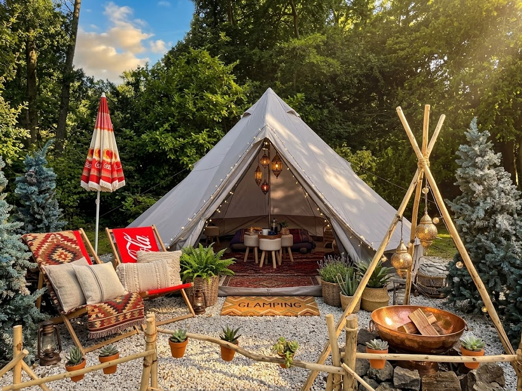 Glampingtent middenin de natuur. Strandstoelen, parasol, vuurschaal en sfeervolle verlichting als decoratie.