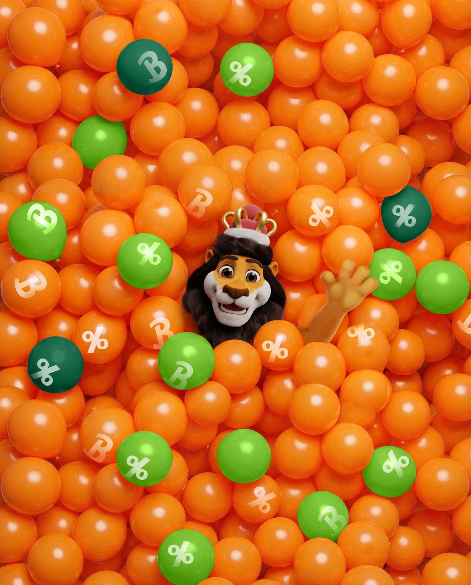 Koning Leeuw ligt tussen groene en oranje ballonnen met daarop procenten en b’s.