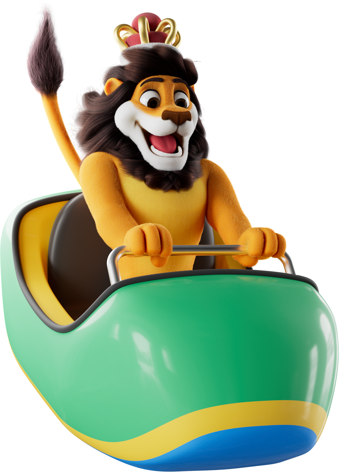 Koning Leeuw zit in een attractie.