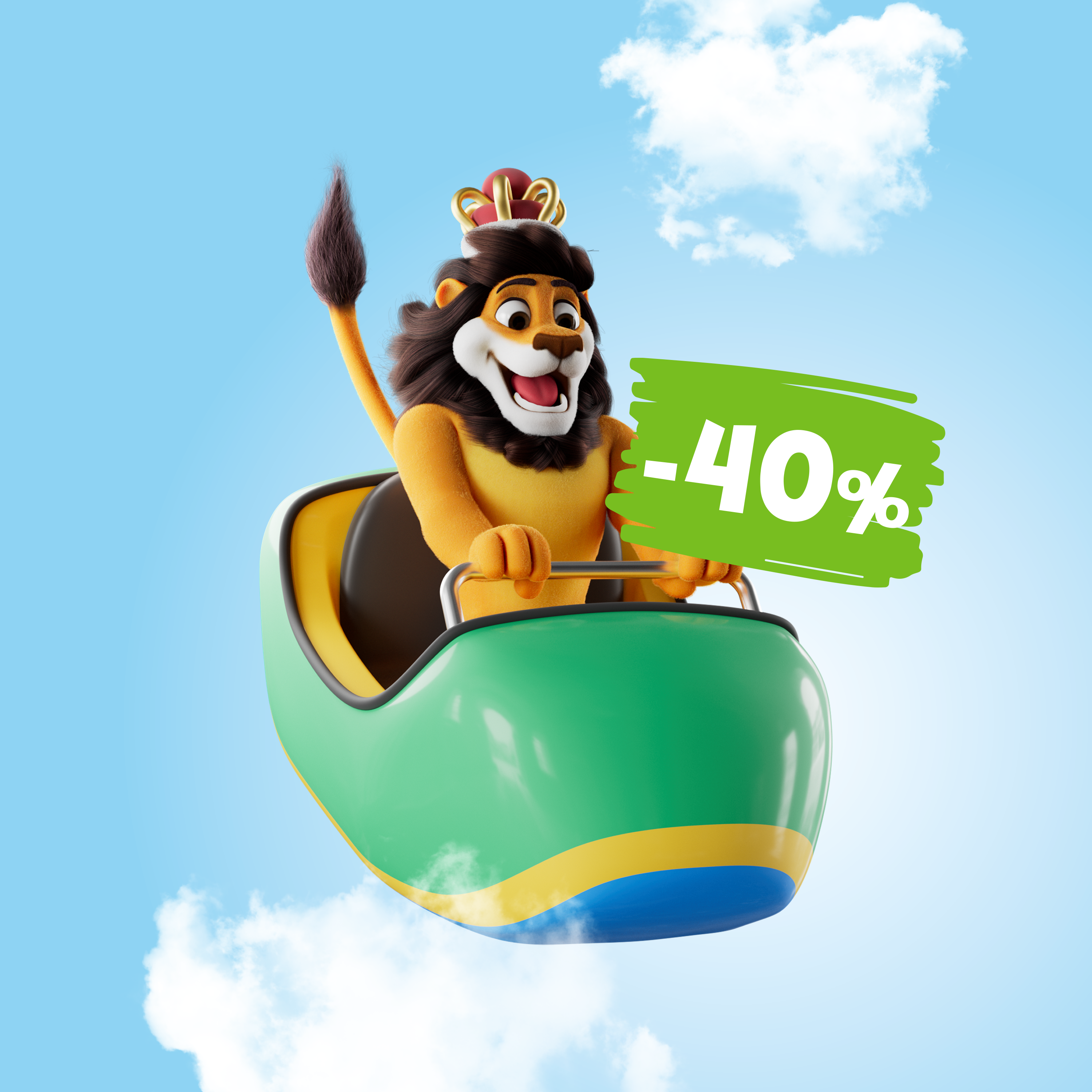 Koning Leeuw zit in een attractie in de wolken. Op de voorgrond een badge met min 40 procent op.