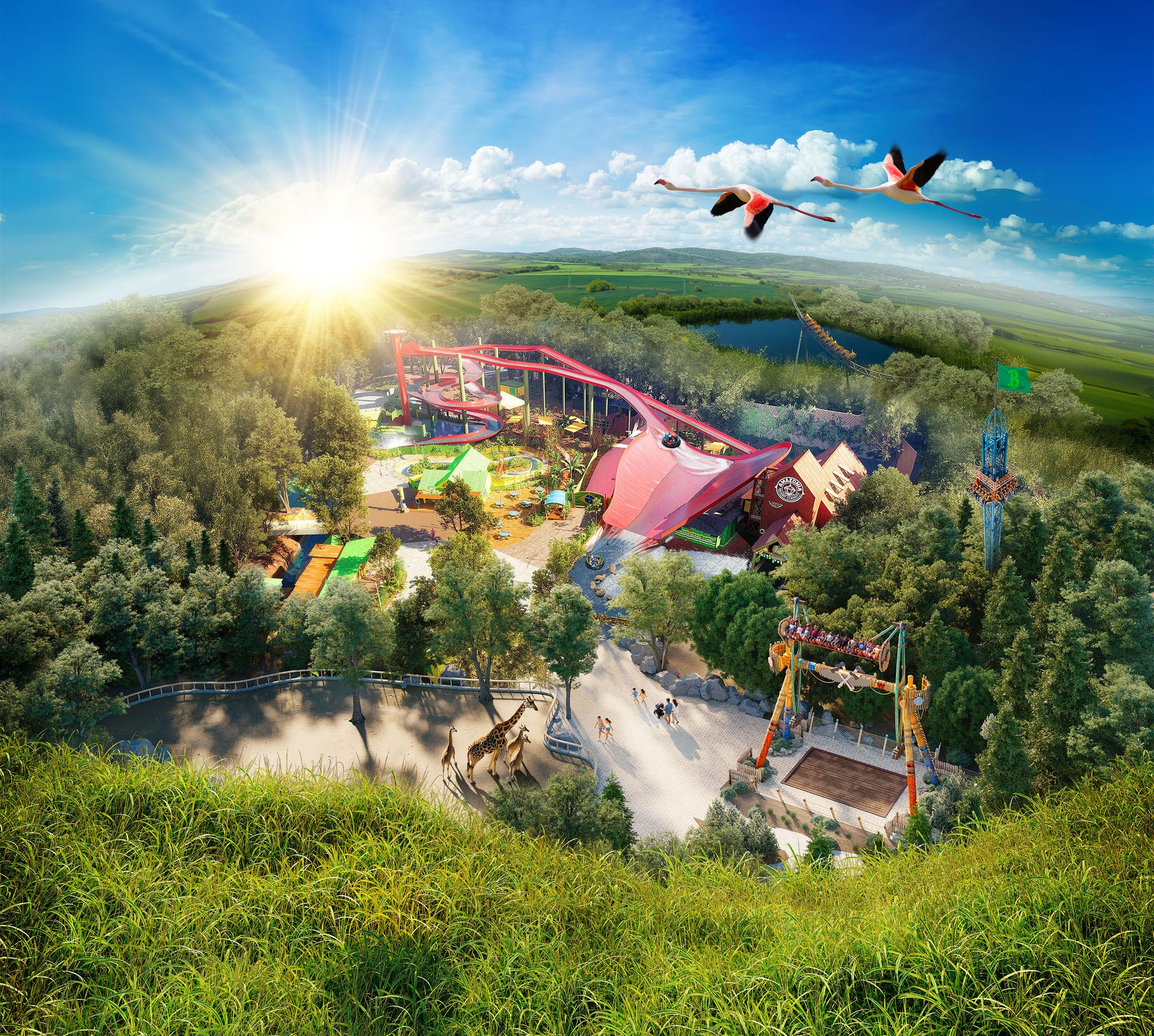 Bellewaerde met Seesaw Swing, Amazonia, Screaming Eagle, Wakala en de savanne met giraffen.