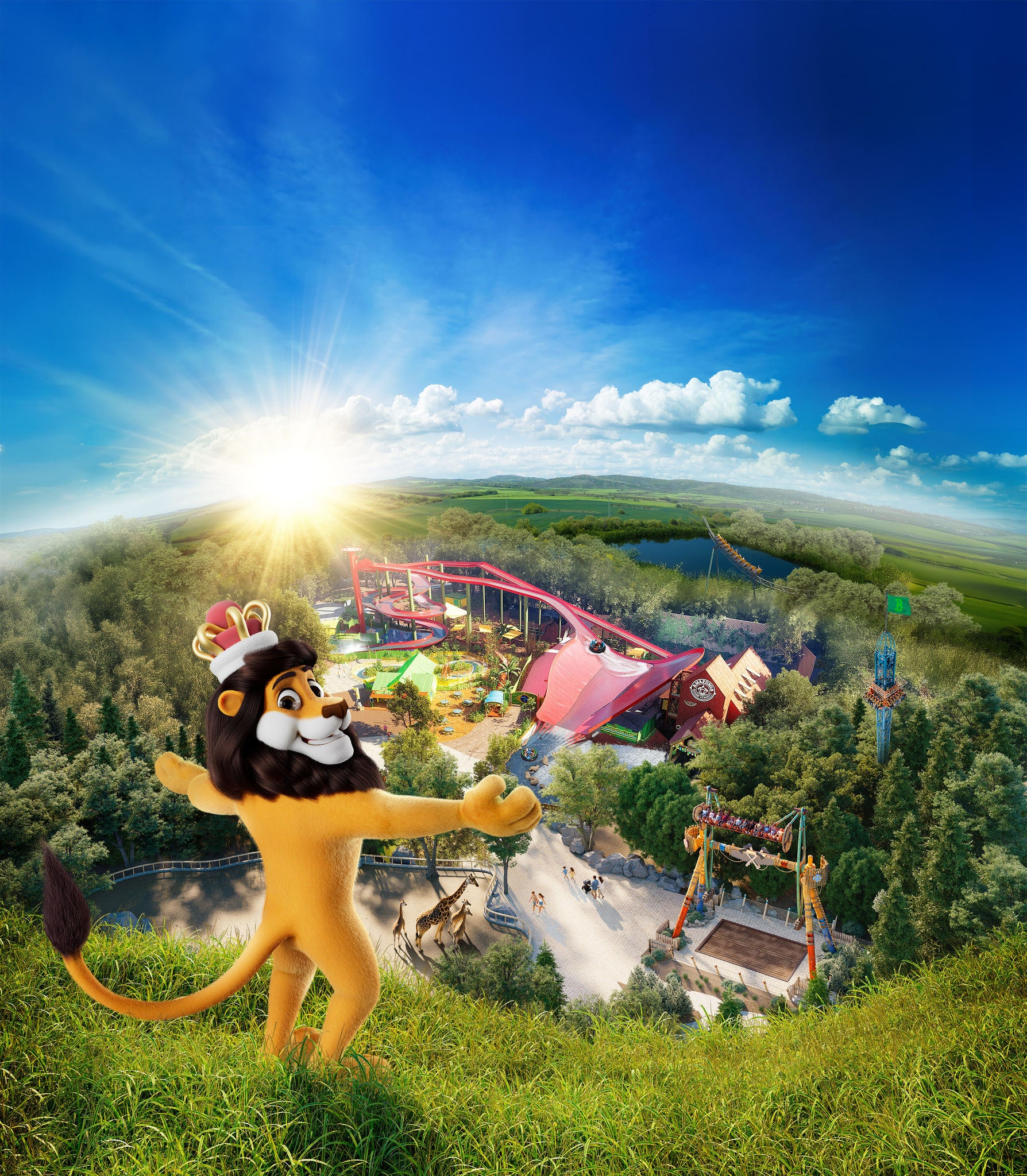 Koning leeuw spreid zijn armen wijd open en toont Bellewaerde met Seesaw Swing, Amazonia, Screaming Eagle, Wakala en de savanne met giraffen op de achtergrond.