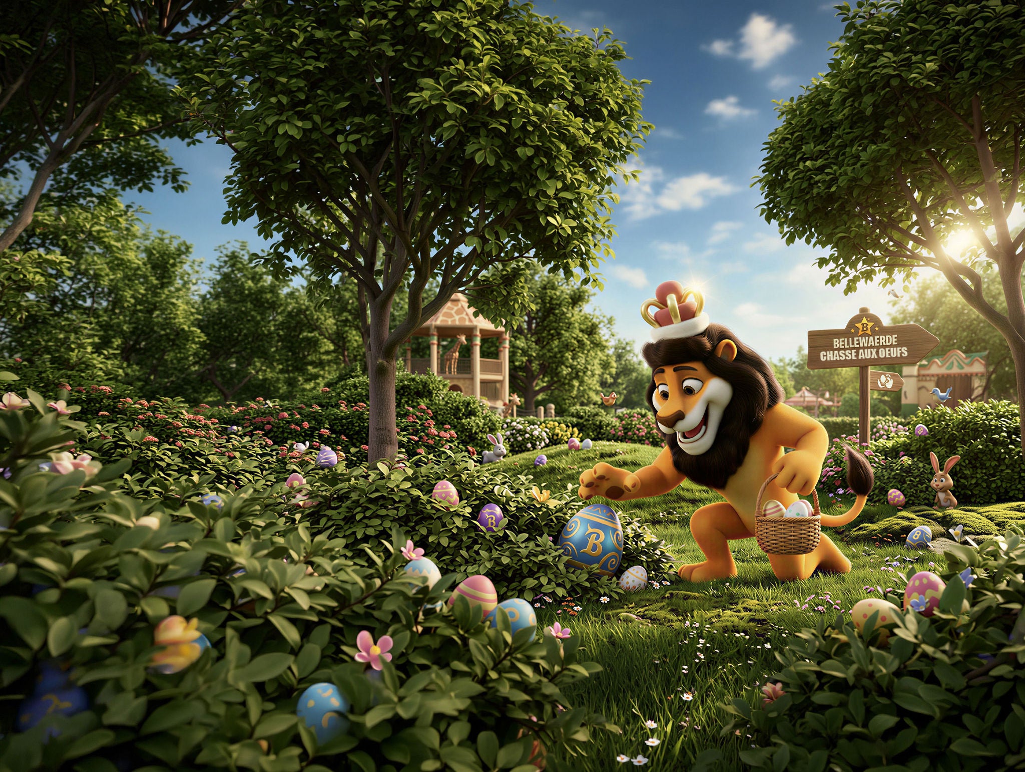 Le Roi Lion cherche des oeufs de Pâques entre les buissons et les arbres pendant la chasse aux oeufs de Pâques.