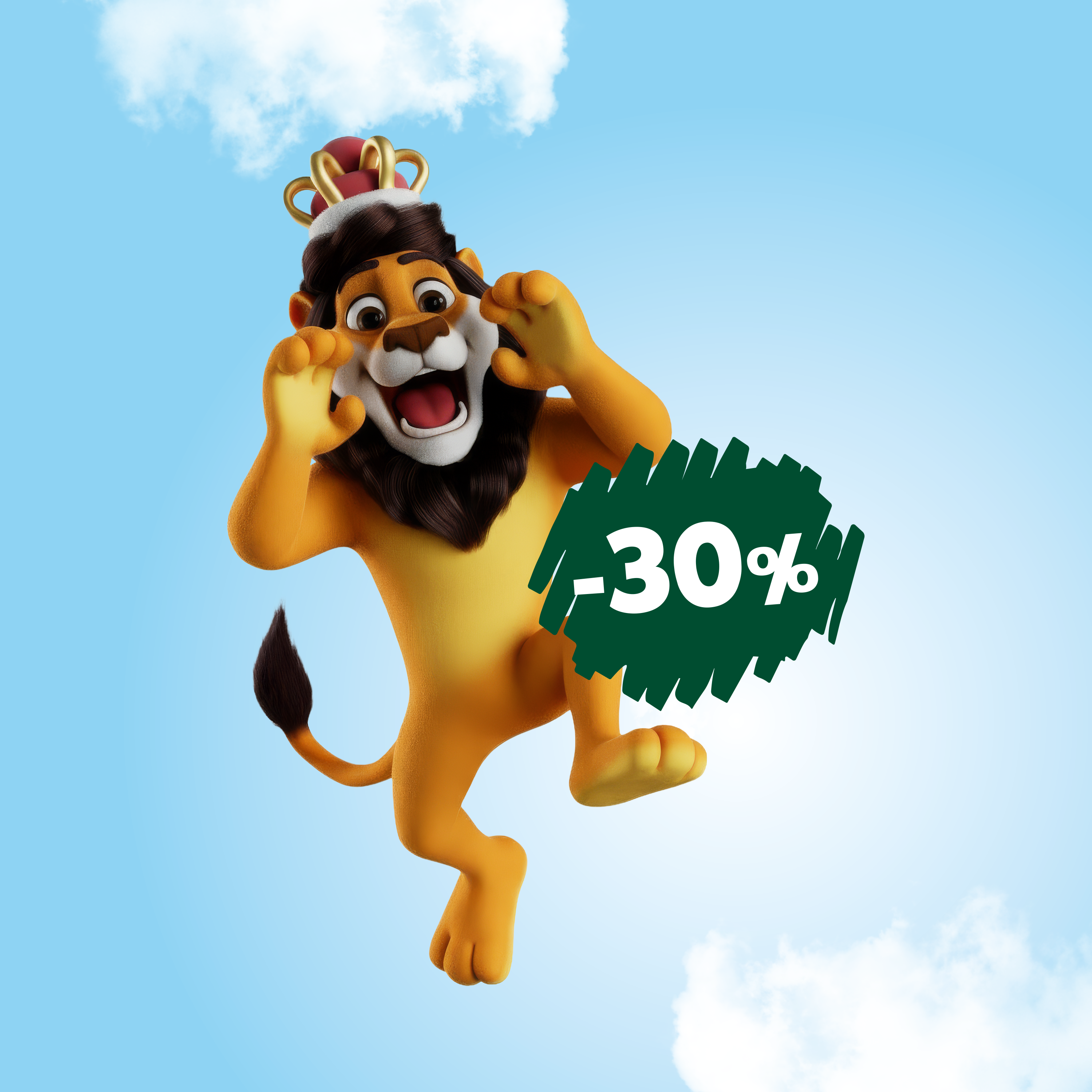 Koning Leeuw brult in de wolken. Op de voorgrond een badge met min 30 procent op.