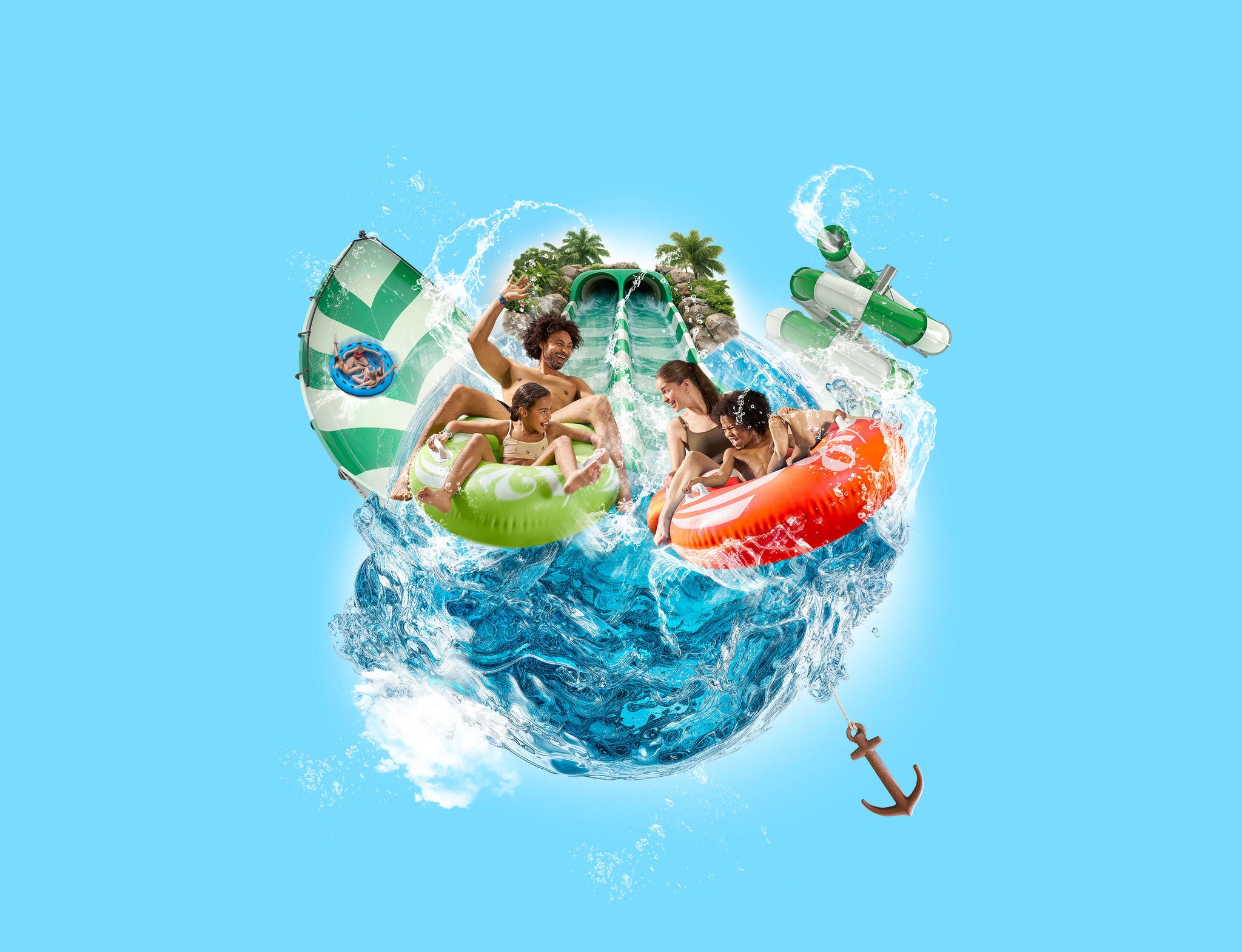 Papa, mama, zoon en dochter maken een splash met hun banden onderaan de afdaling van Splash Clash. In de achtergrond glijbaan Aquaventure en een anker.