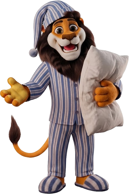Koning Leeuw houdt een kussen vast en draagt een pyjama en een slaapmuts.