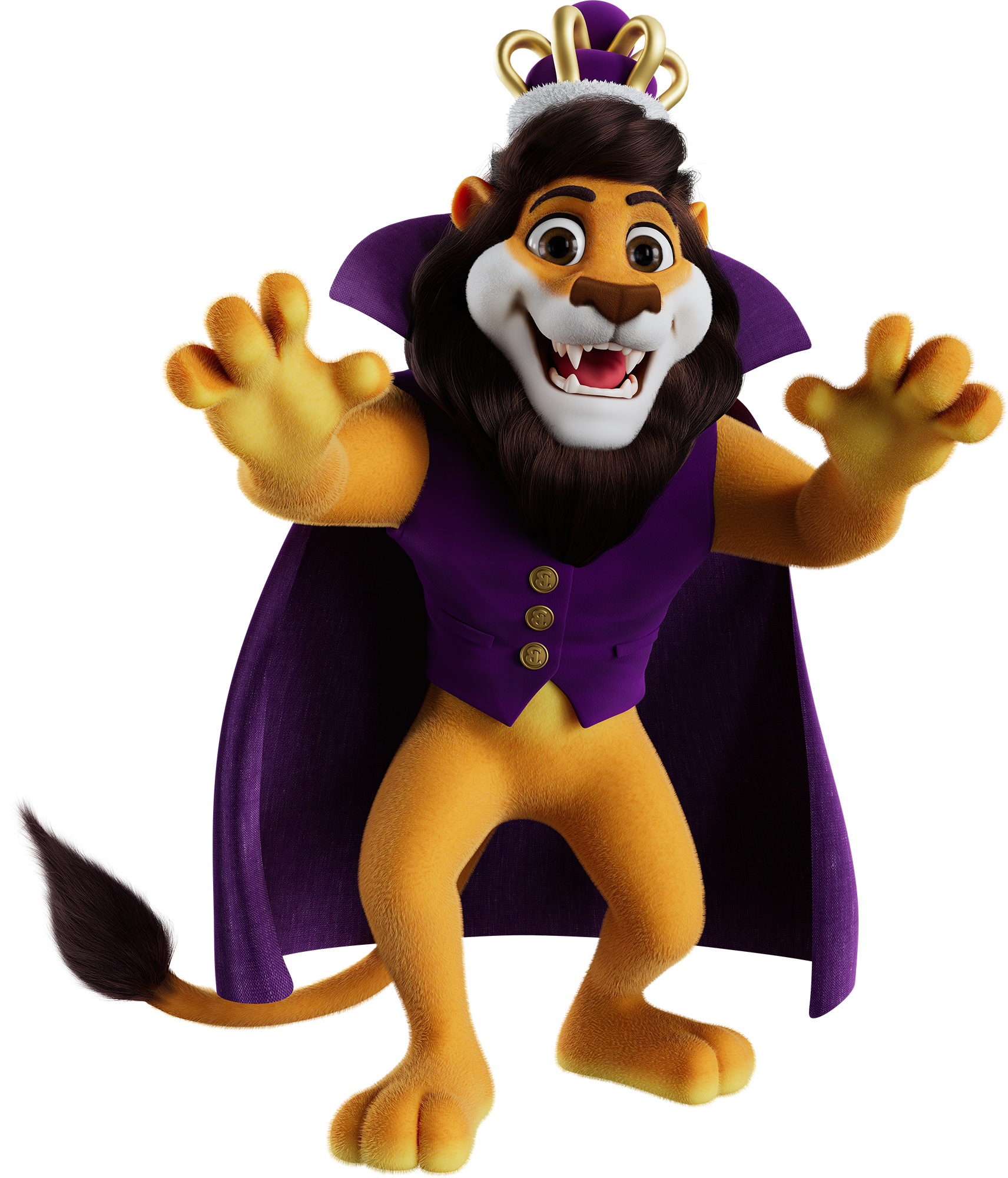 Koning Leeuw laat je schrikken en draagt een gilet en een cape.