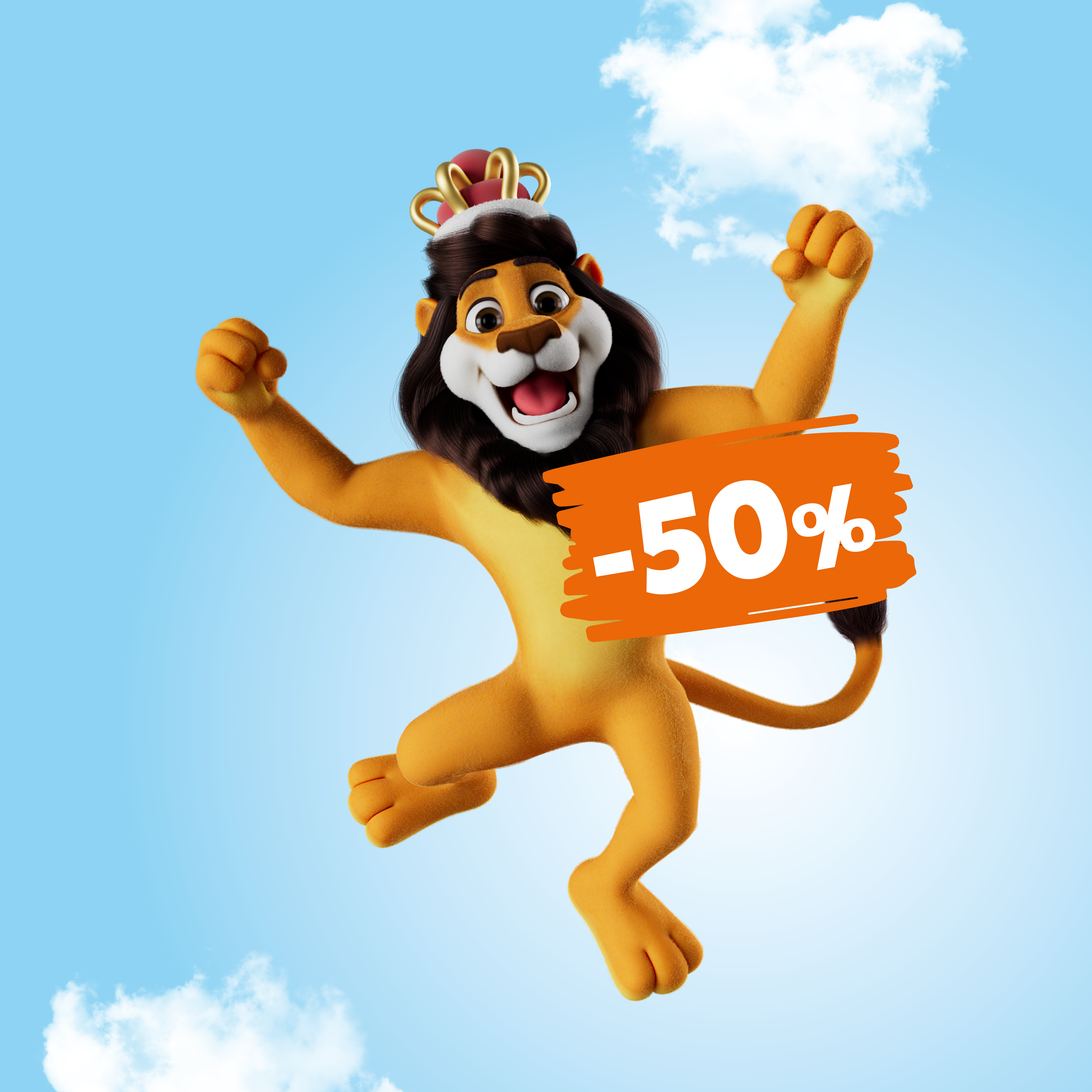 Koning Leeuw springt met gebalde vuisten in de wolken. Op de voorgrond een badge met min 50 procent op.