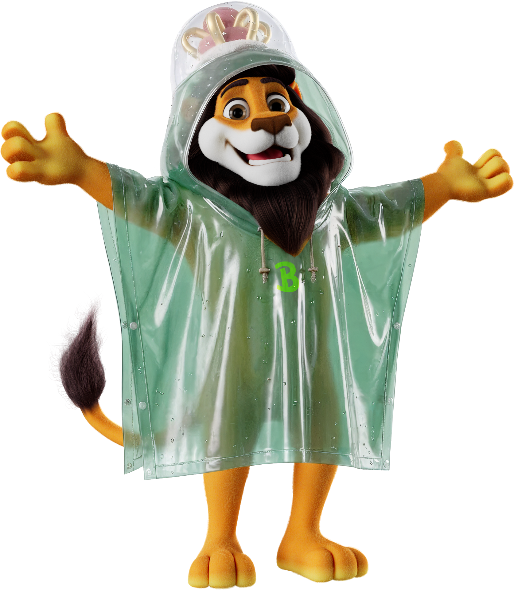 Koning Leeuw spreid zijn armen wijd open en draagt een poncho.