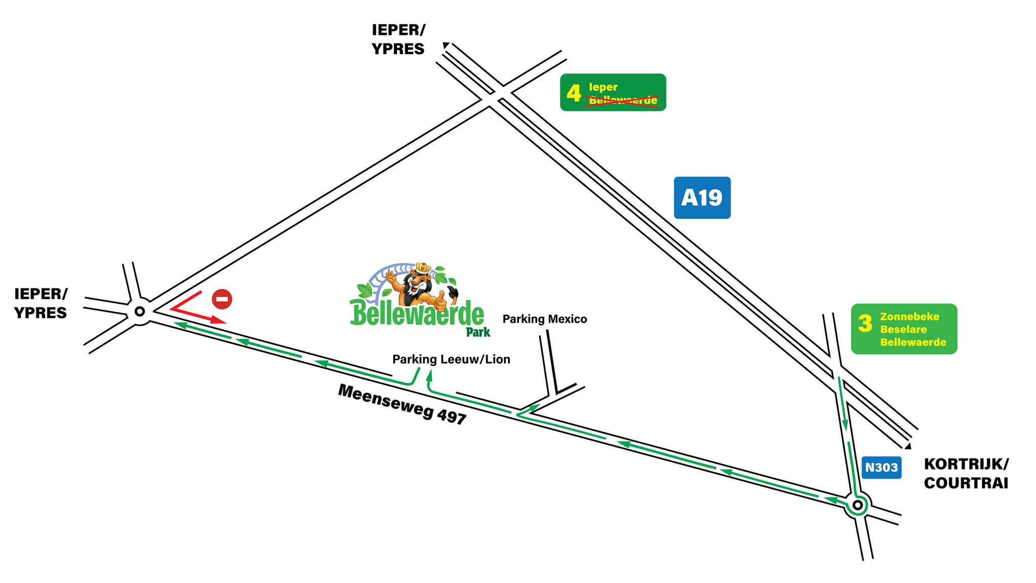 Plan met de gewijzigde verkeerssituatie tijdens de werkzaamheden aan de Meenseweg.