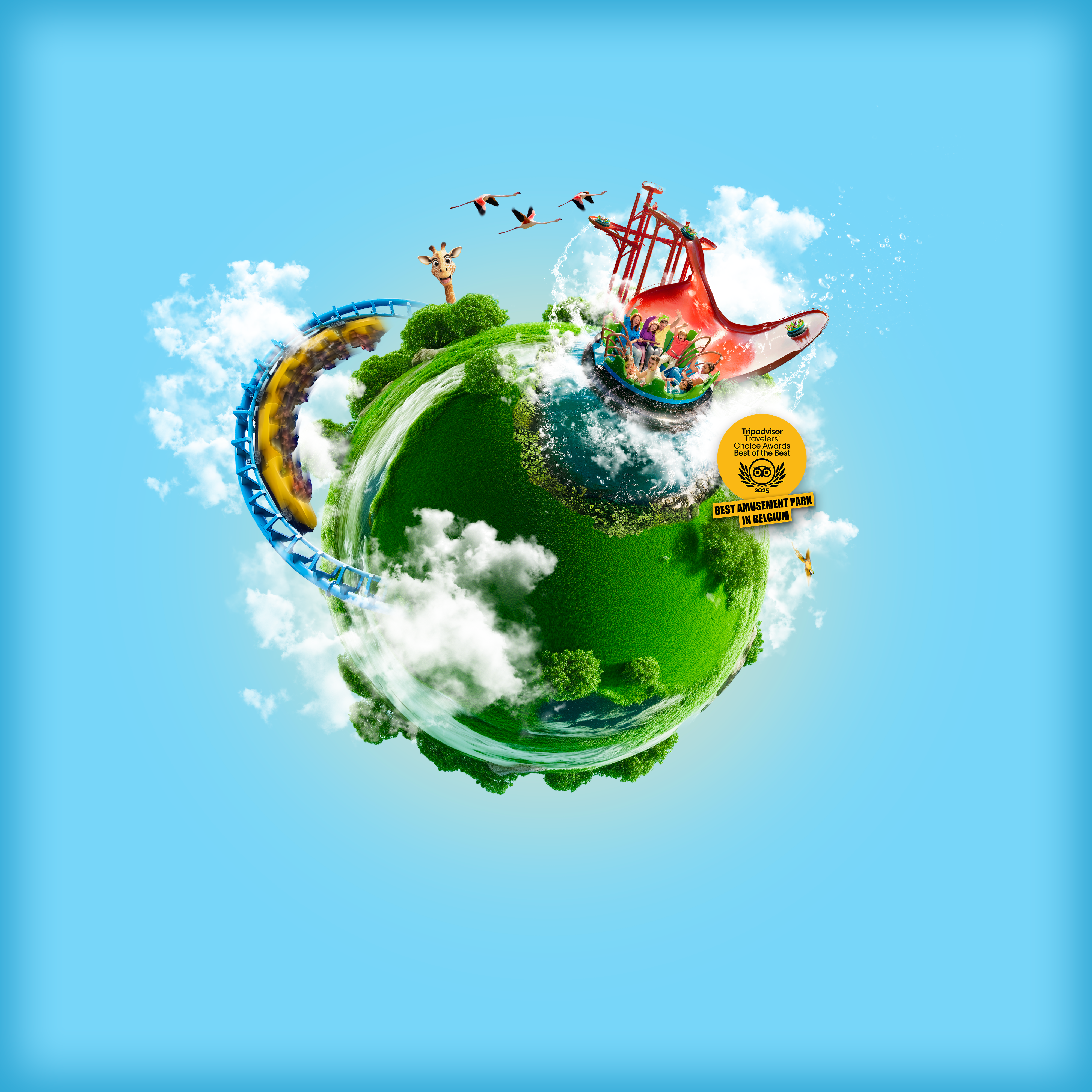 Wereldbol, Amazonia, Boomerang, een giraf, een papegaai, flamingos, wolken, trip advisor award