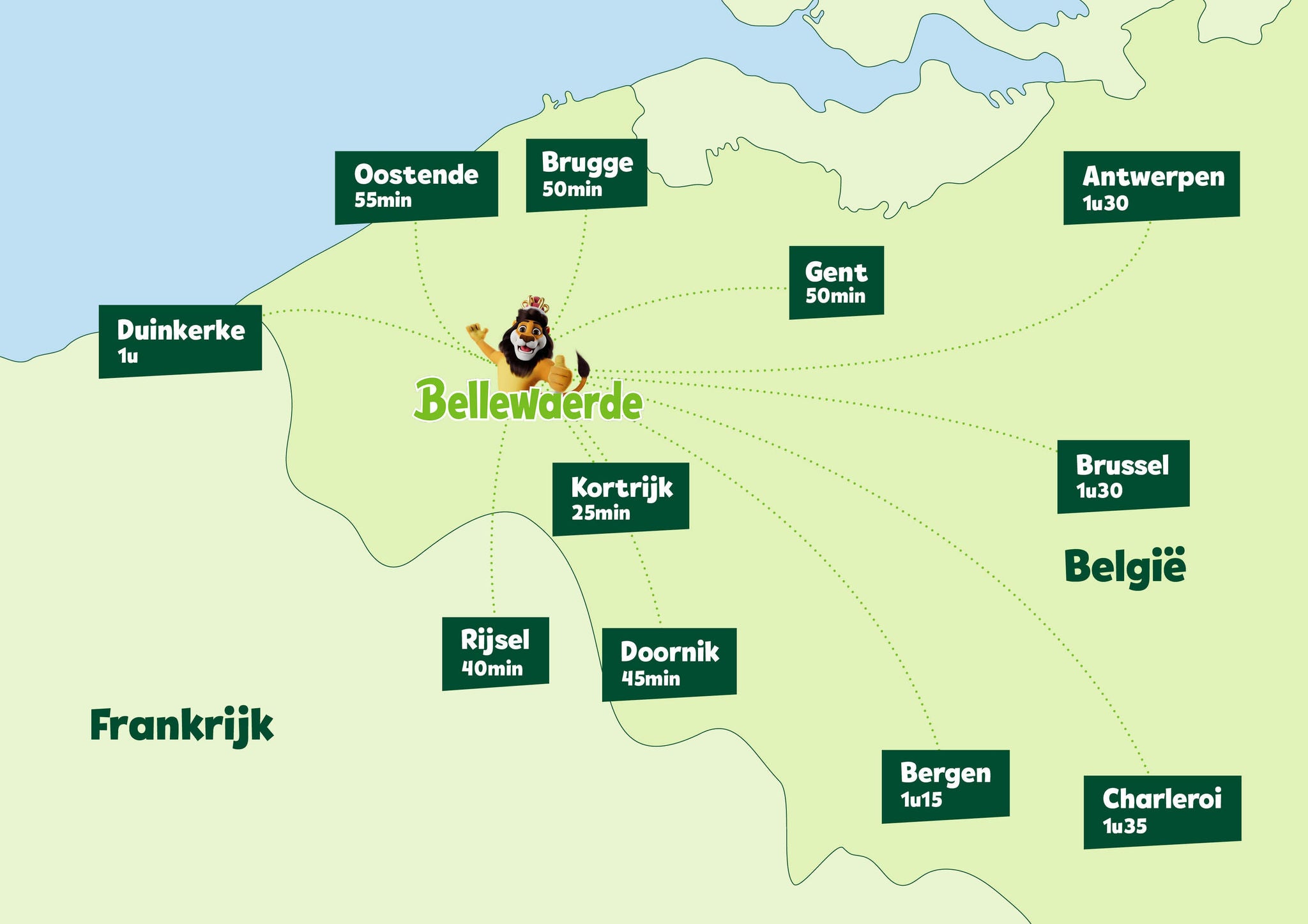 Kaart met de ligging van Bellewaerde ten opzichte van Kortrijk, Brugge, Oostende, Gent, Brussel, Antwerpen, Duinkerke, Rijsel, Doornik, Bergen en Charleroi.