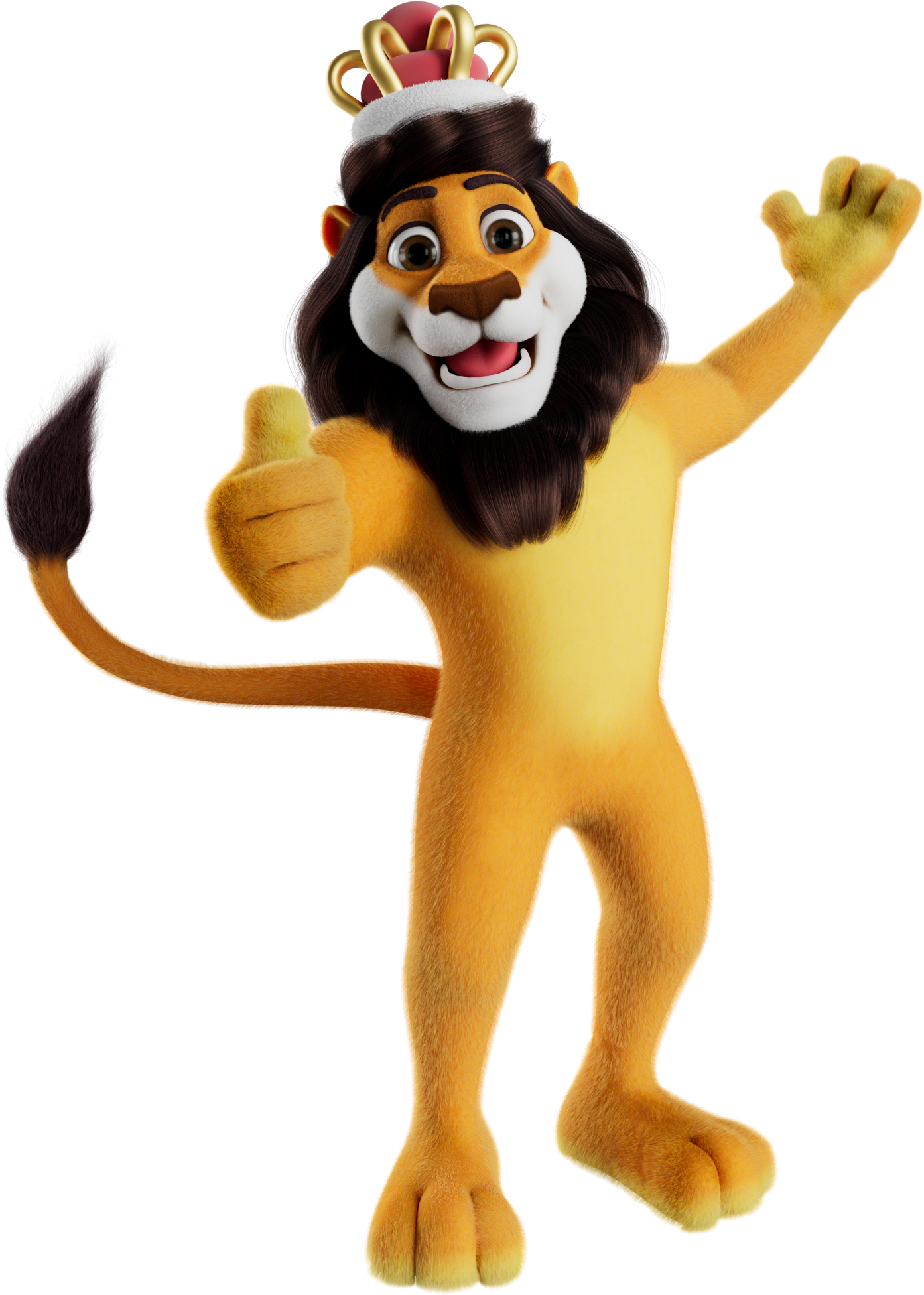 Koning Leeuw steekt zijn duim omhoog en maakt een welkom gebaar.