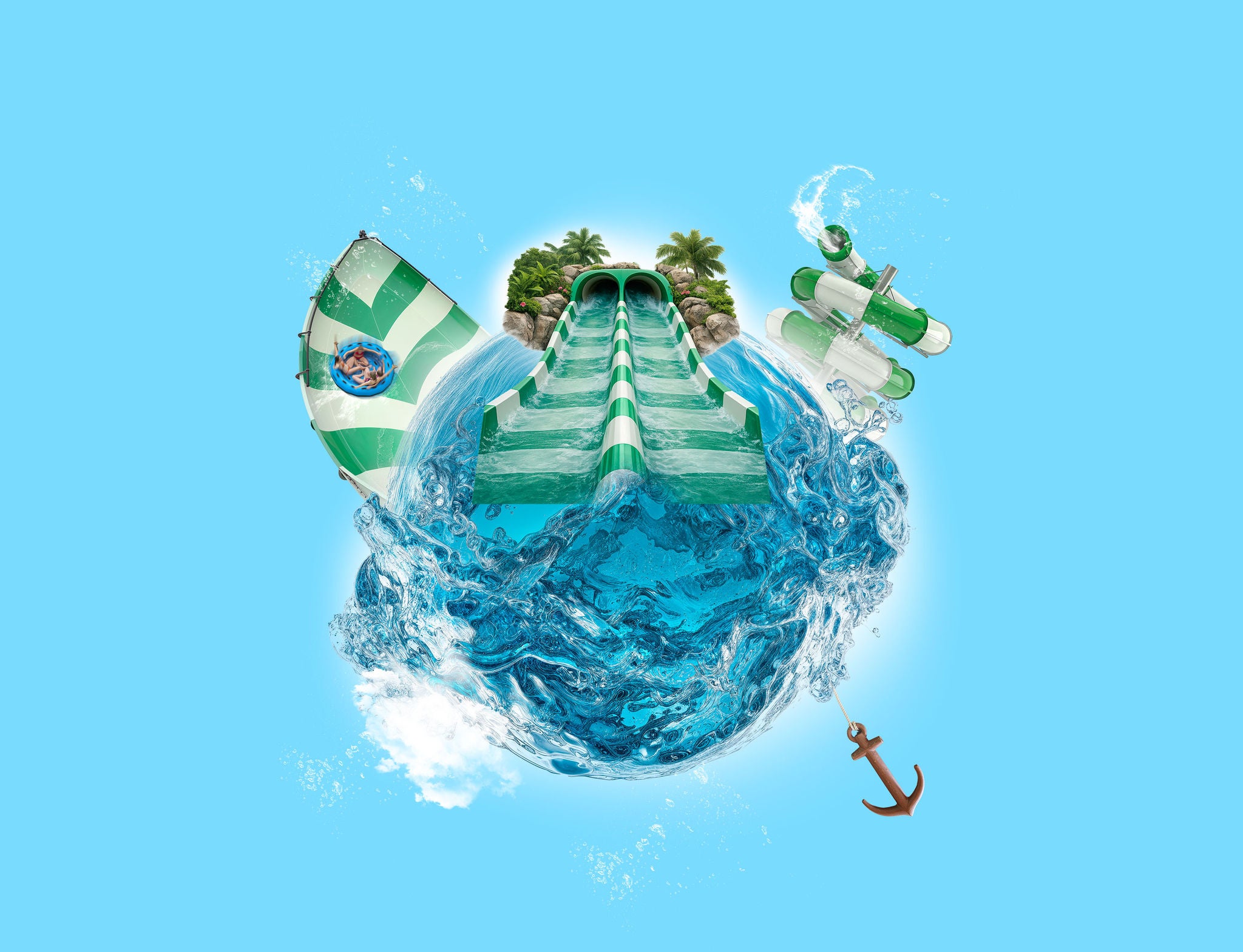 Bol water waar glijbaan Splash Clash in eindigt en met Aquaventure en een anker in de achtergrond.