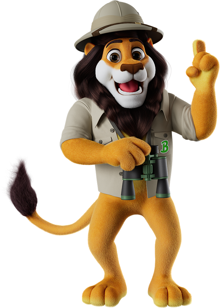 Koning Leeuw steekt zijn vinger op, houdt een verrekijker vast en draagt een safari hoed en een safari jas.
