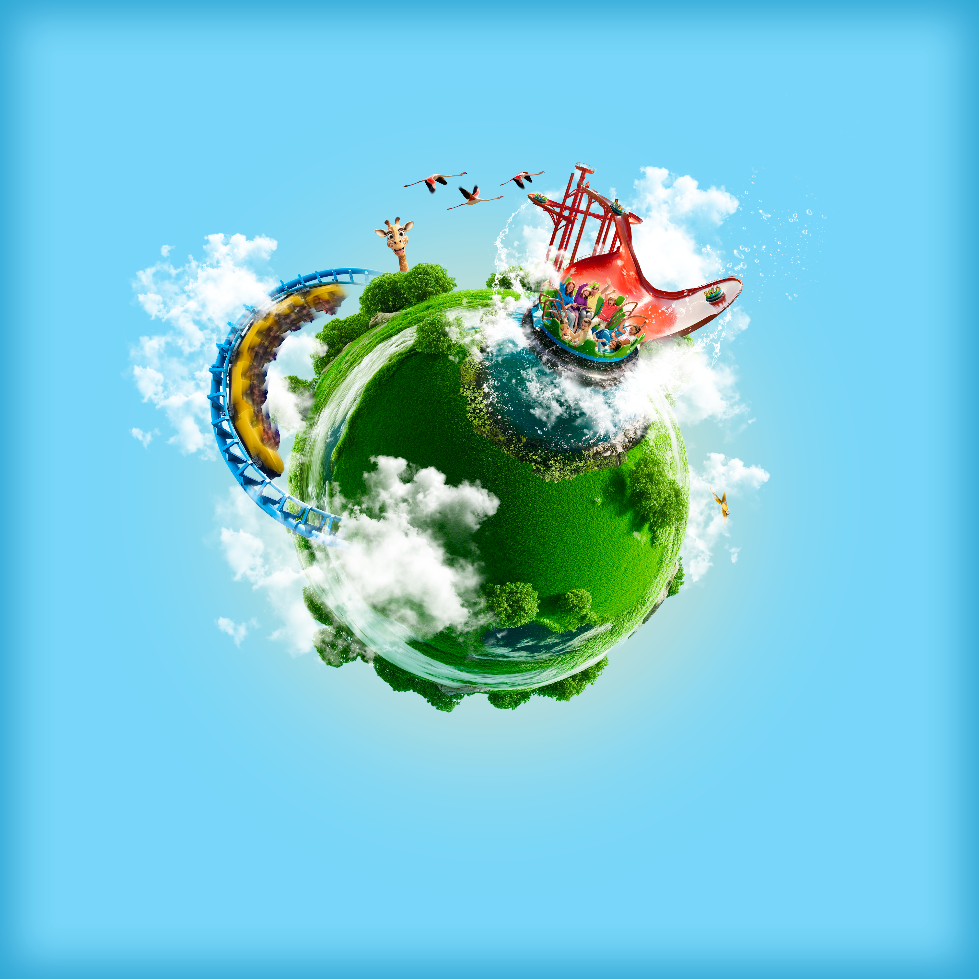 Wereldbol met Amazonia, Boomerang, een giraf, een papegaai en flamingo’s tussen de wolken.