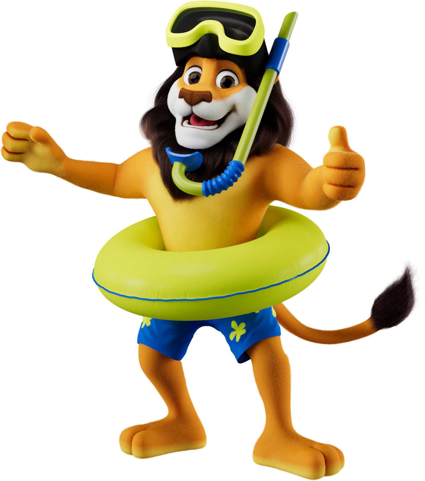 Koning Leeuw steekt zijn duim op en draagt een zwembroek, zwemband, zwembril en snorkel.