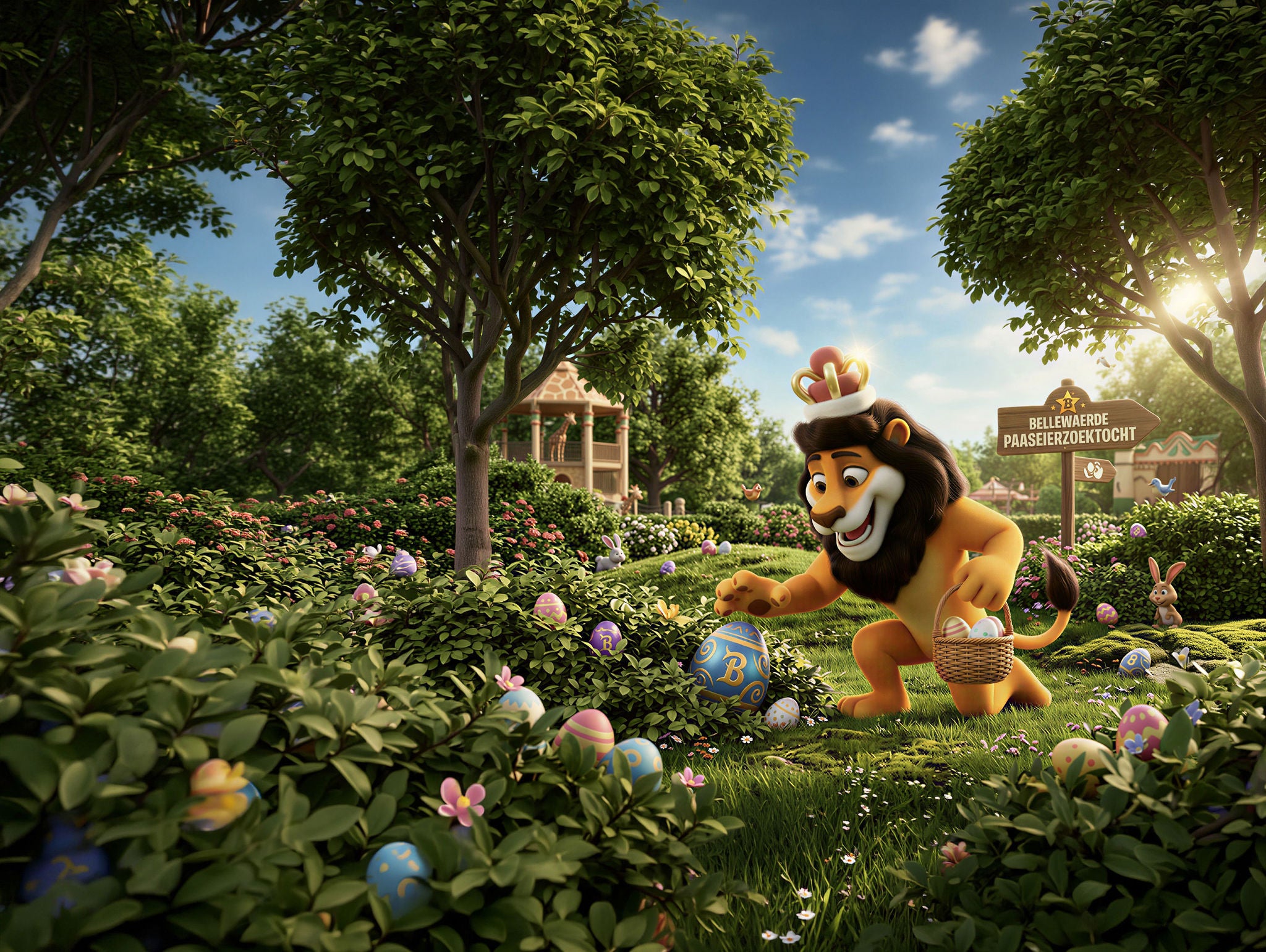 Koning Leeuw zoekt paaseieren tussen de struiken en bomen tijdens de paaseierenzoektocht.