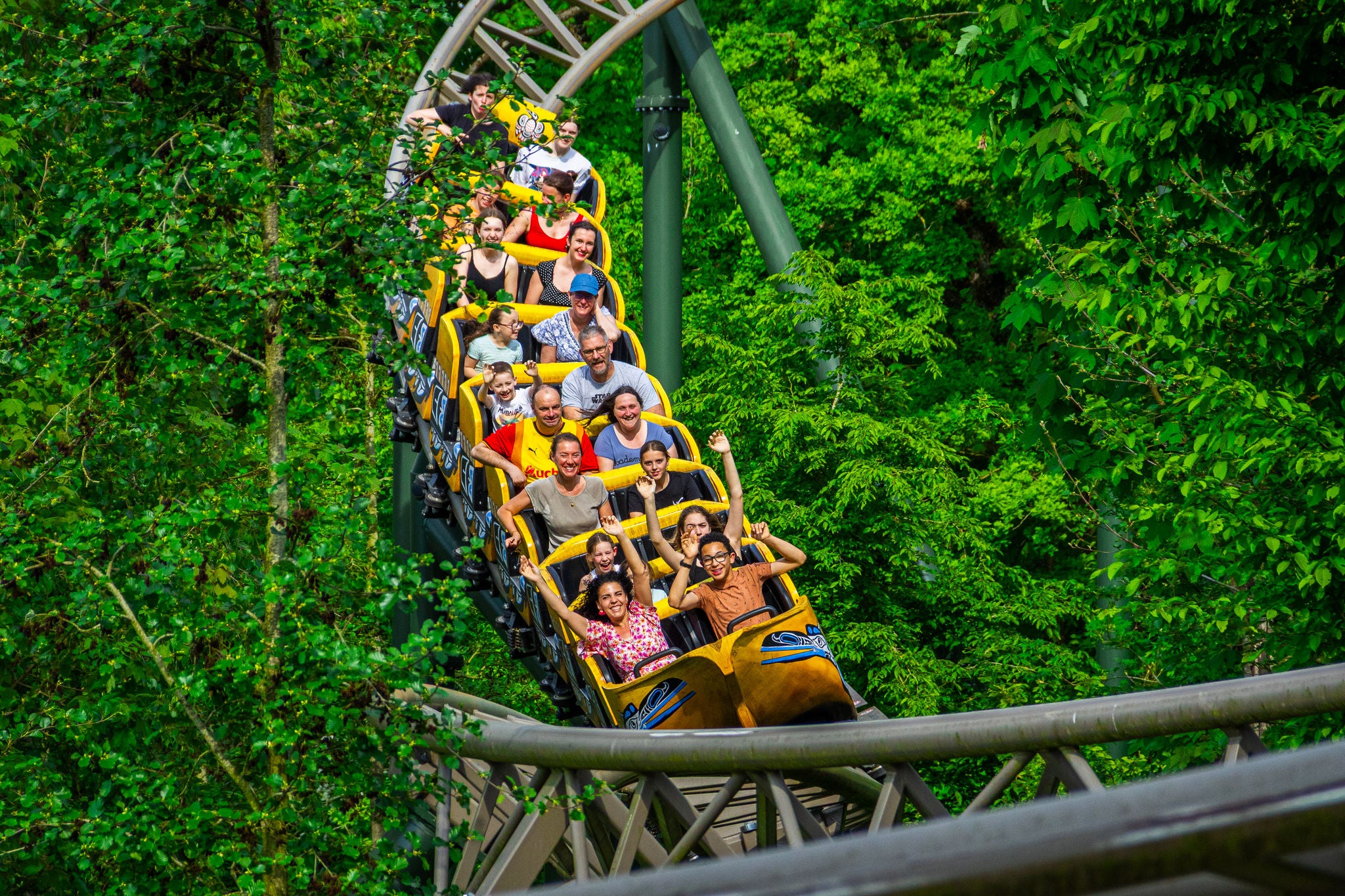 Gele Wakala trein tussen de bomen.