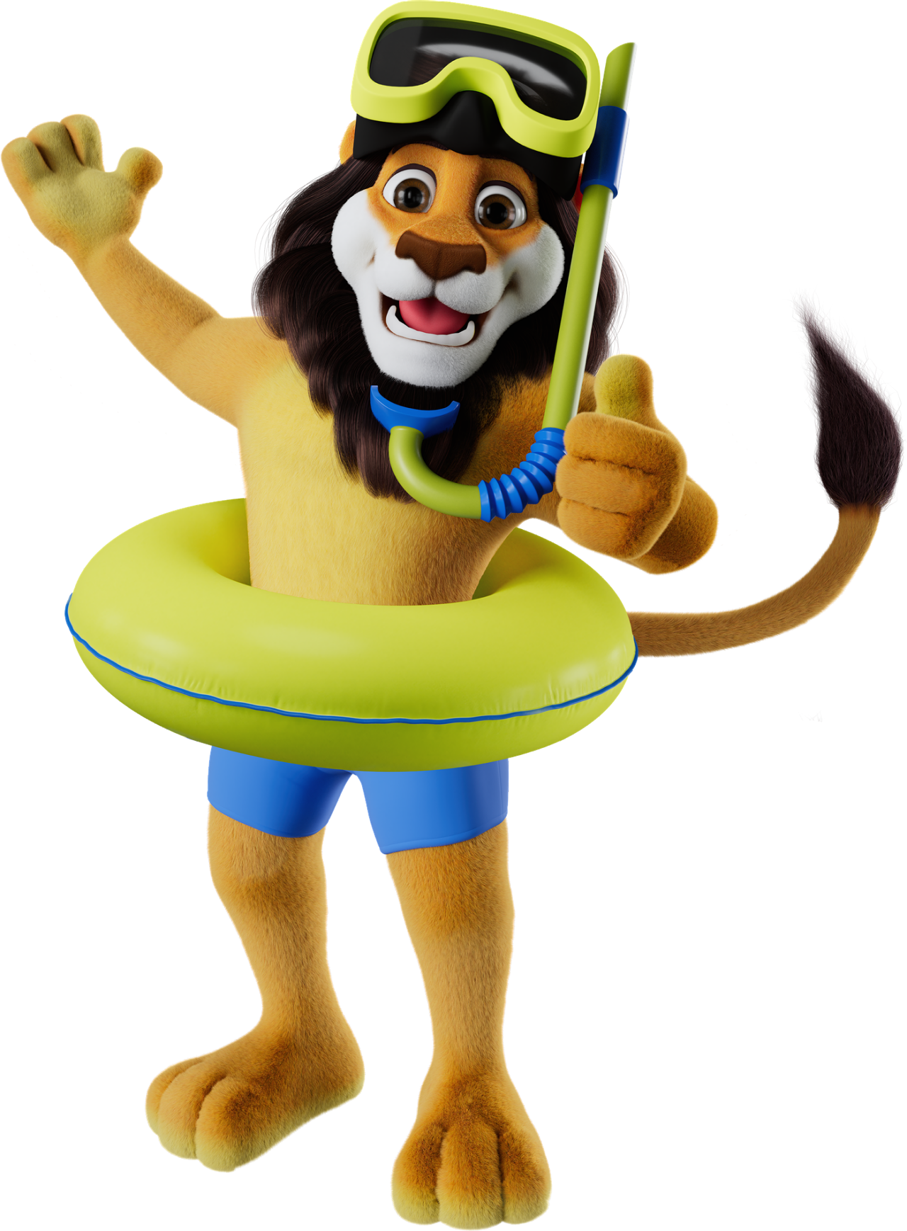 Koning Leeuw steekt zijn duim op, maakt een welkom gebaar en draagt een zwembroek, zwemband, zwembril en snorkel.
