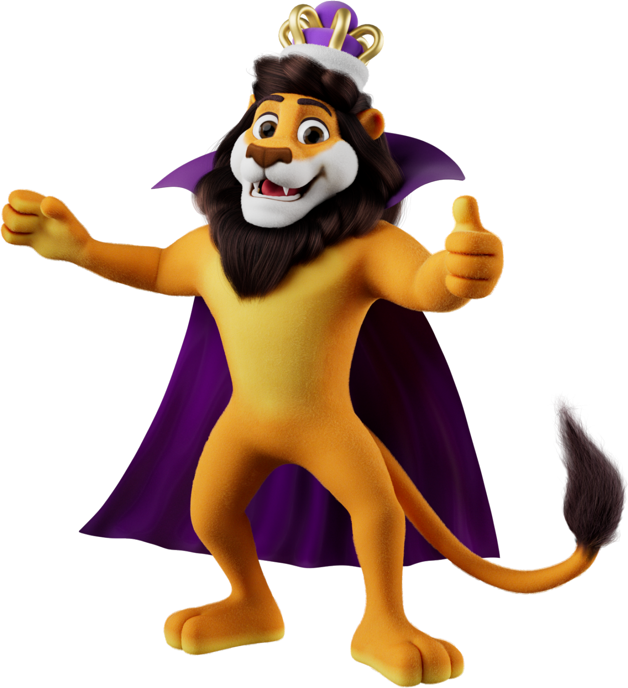 Koning Leeuw steekt zijn duim op en draagt een cape.